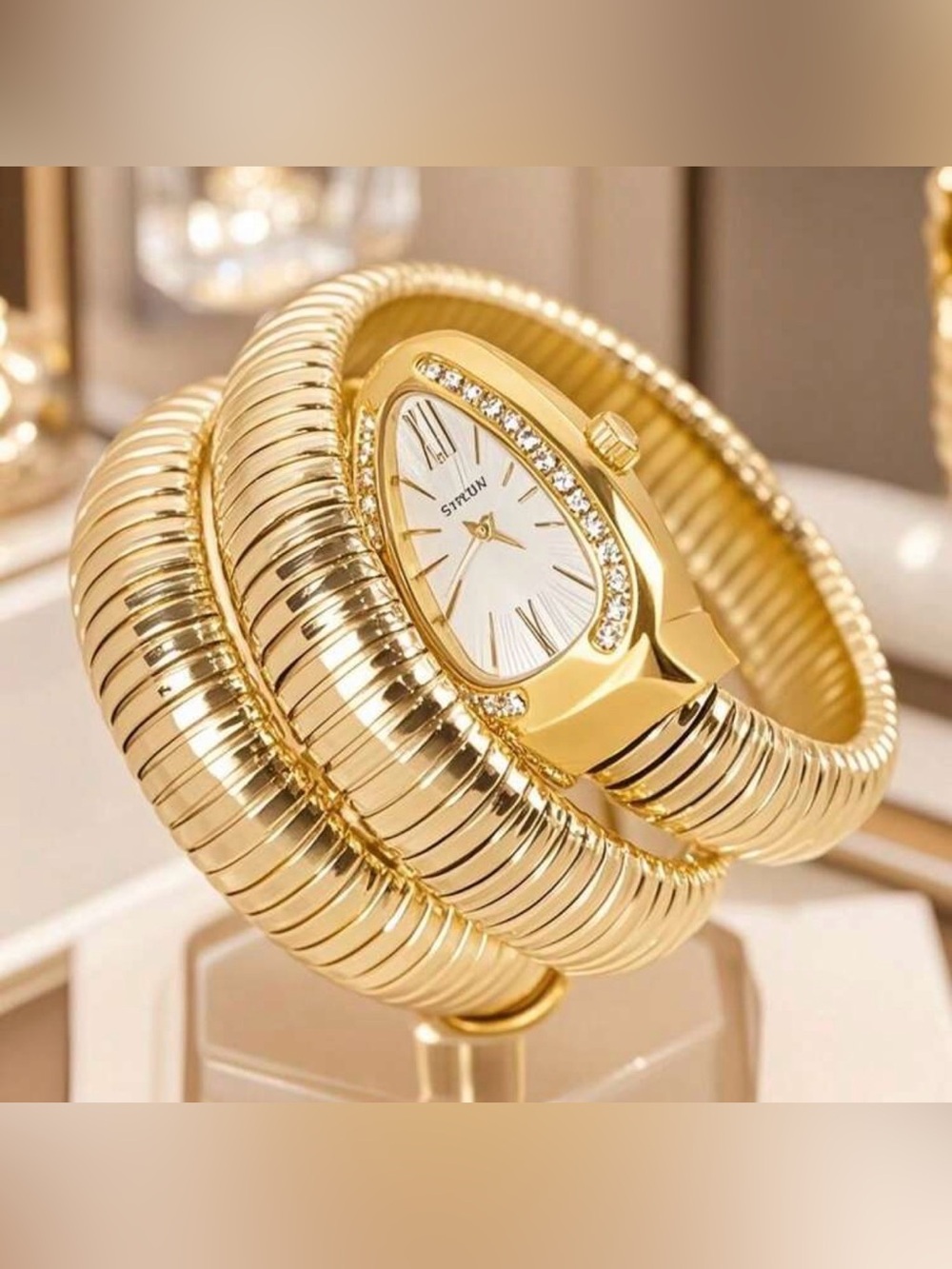 Gold Coil Wrap Bracelet Watch with Crystal Accents